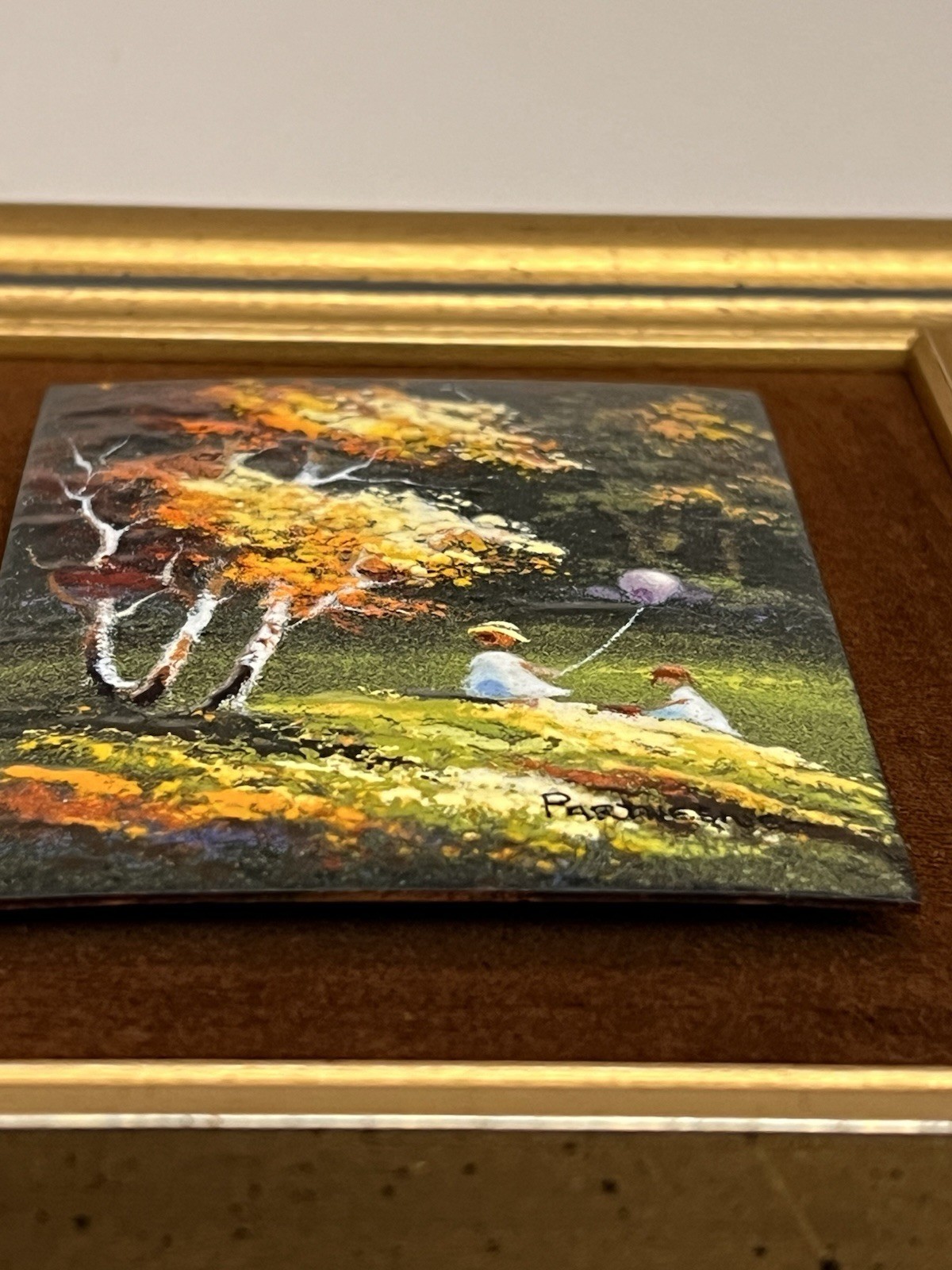 Signed VTG Art Charles Parthesius Enamel On Copper Landscape Children Balloon