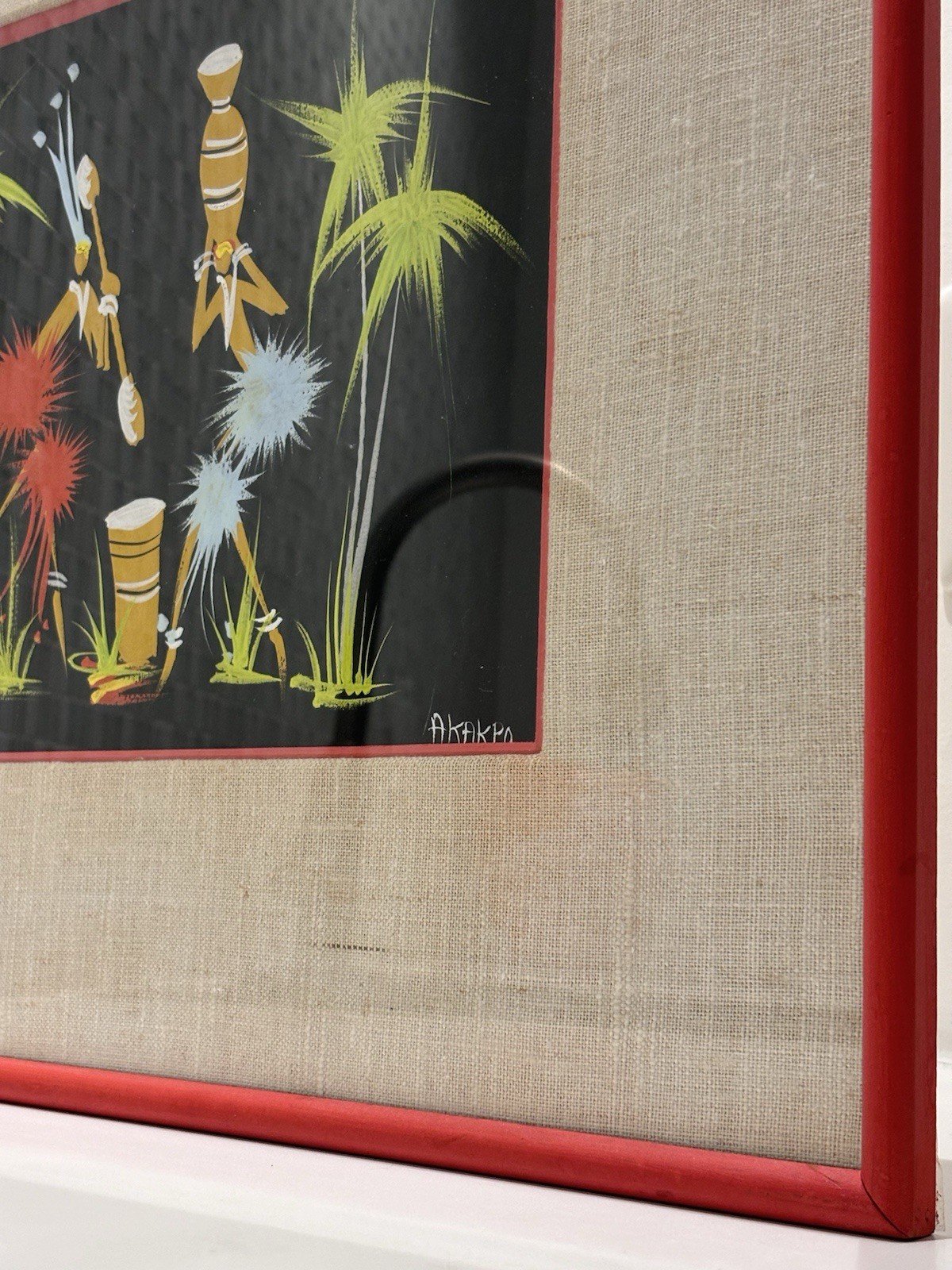Original Signed African Folk Art Framed Matted Painting, Vintage Decor Gifts