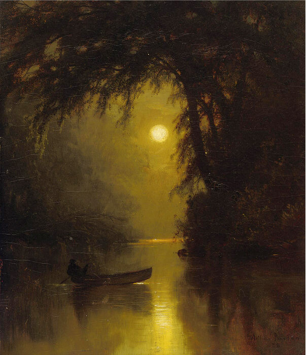 Oil painting Arthur Parton Moonlit landscape with canoe on the river with moon