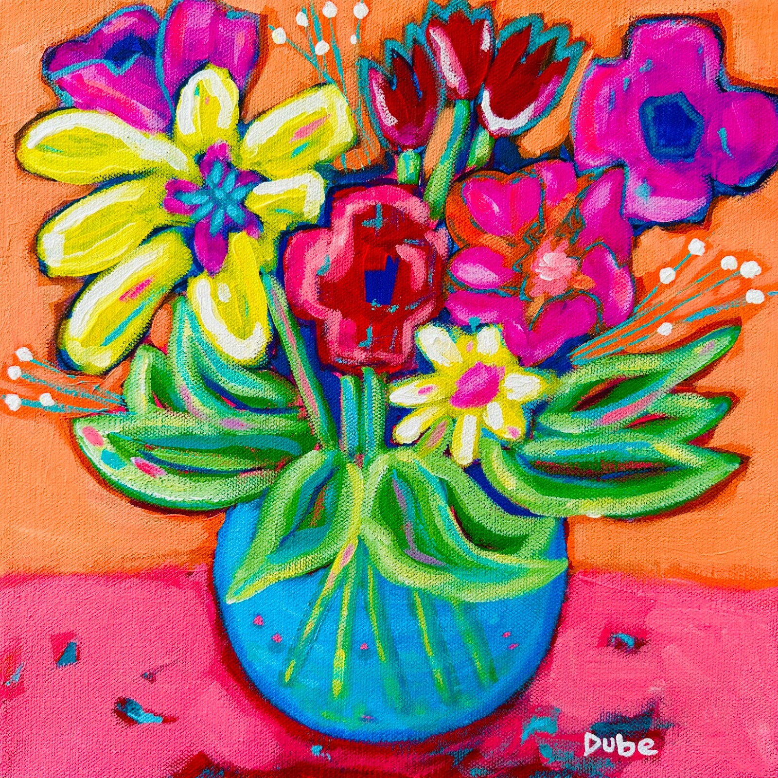 Original Painting Expressionist Flowers Stems Water Vase 12 x 12x 1.5″ JERI DUBE