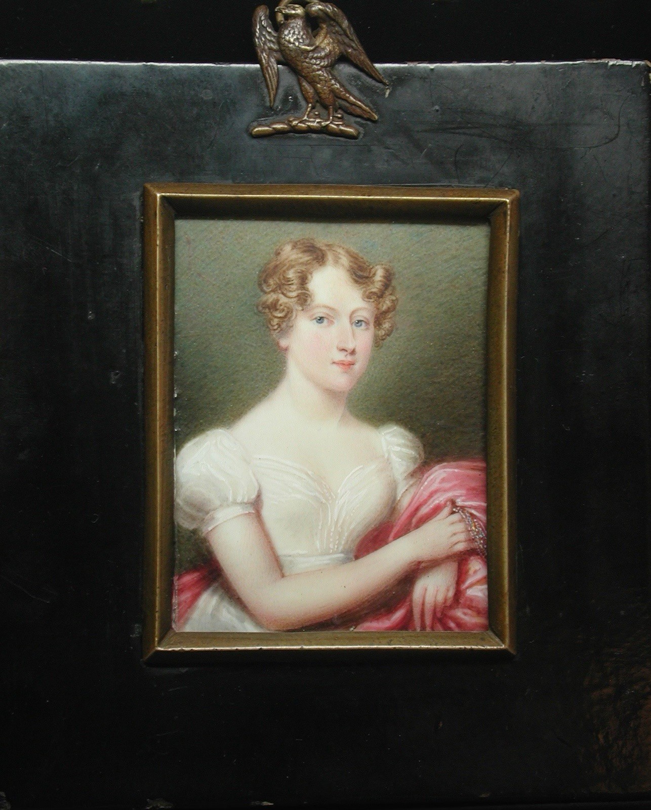 Portrait Miniature of Woman in White Dress, Papier Mache Frame, 1824