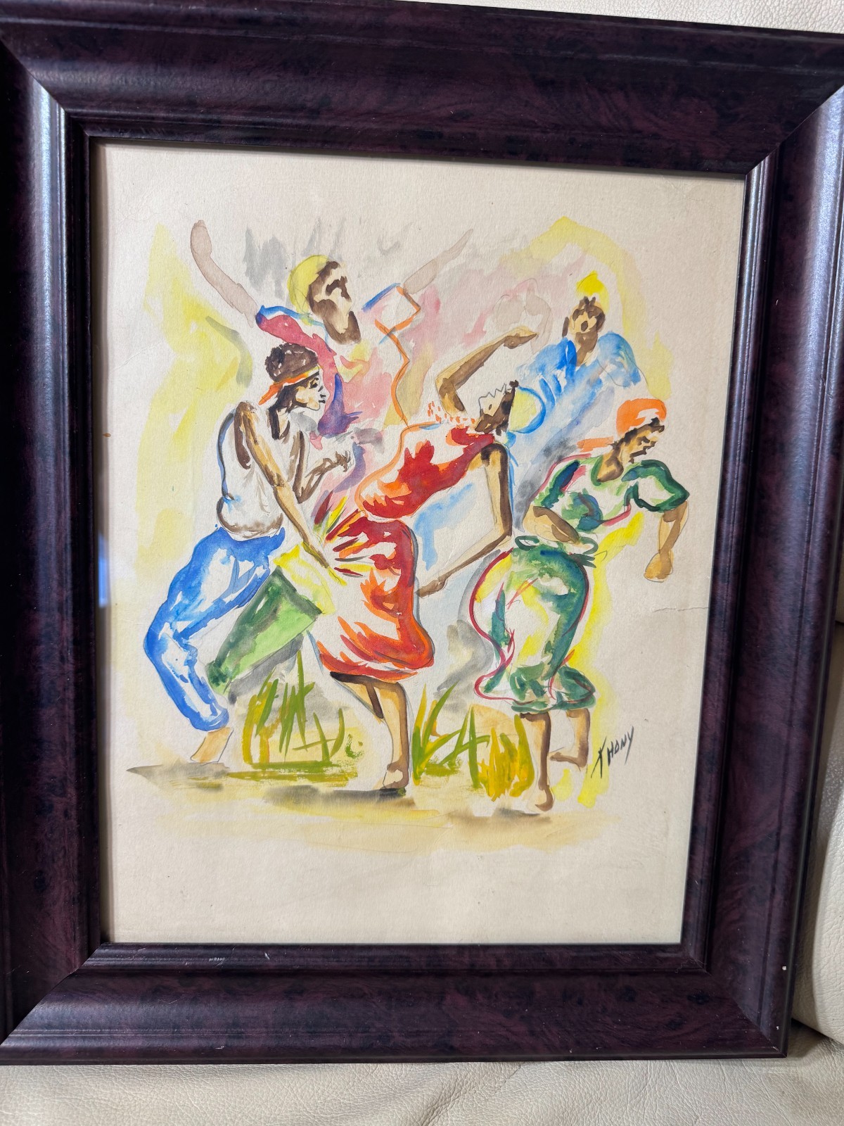 Vintage T Hony «Figures Dancing Scene» Watercolor Painting – Signed And Framed