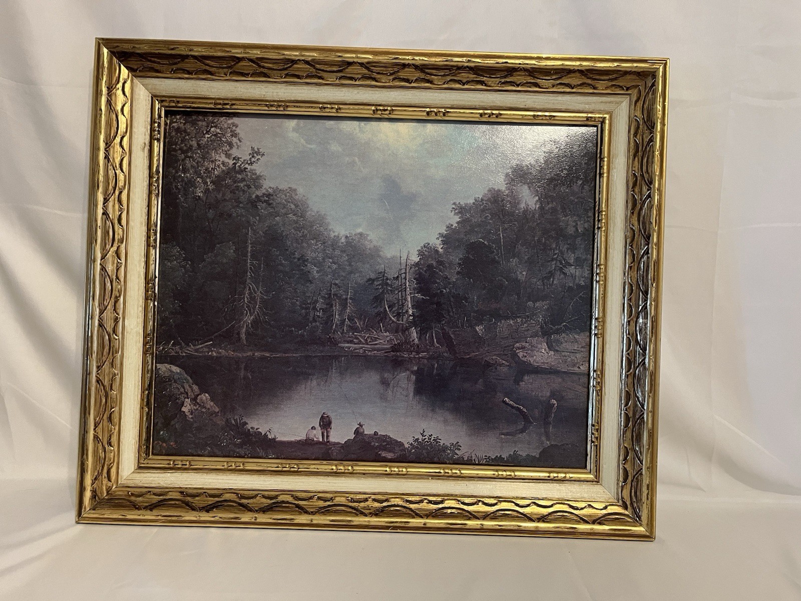 Beautiful Oil Painting on Canvas – Lake And Fisherman Landscape Scene, 24 x 20