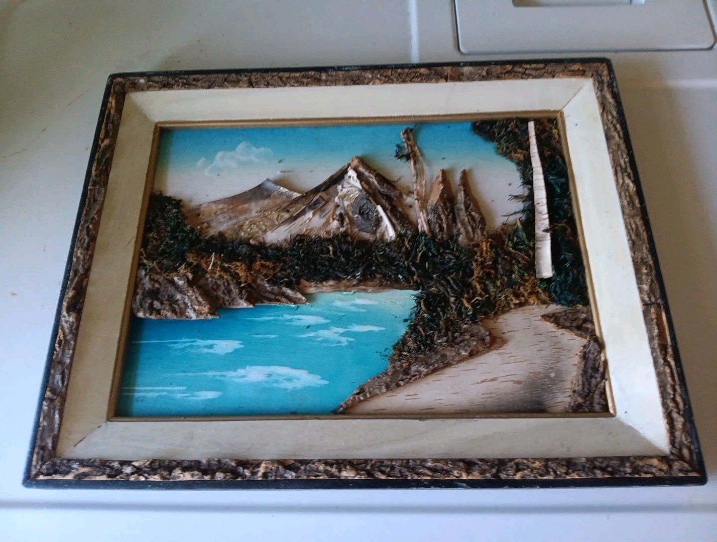 Vintage Mid Century Japaneae 3D Painting Of Mountains Framed 16x13in Wood Frame.