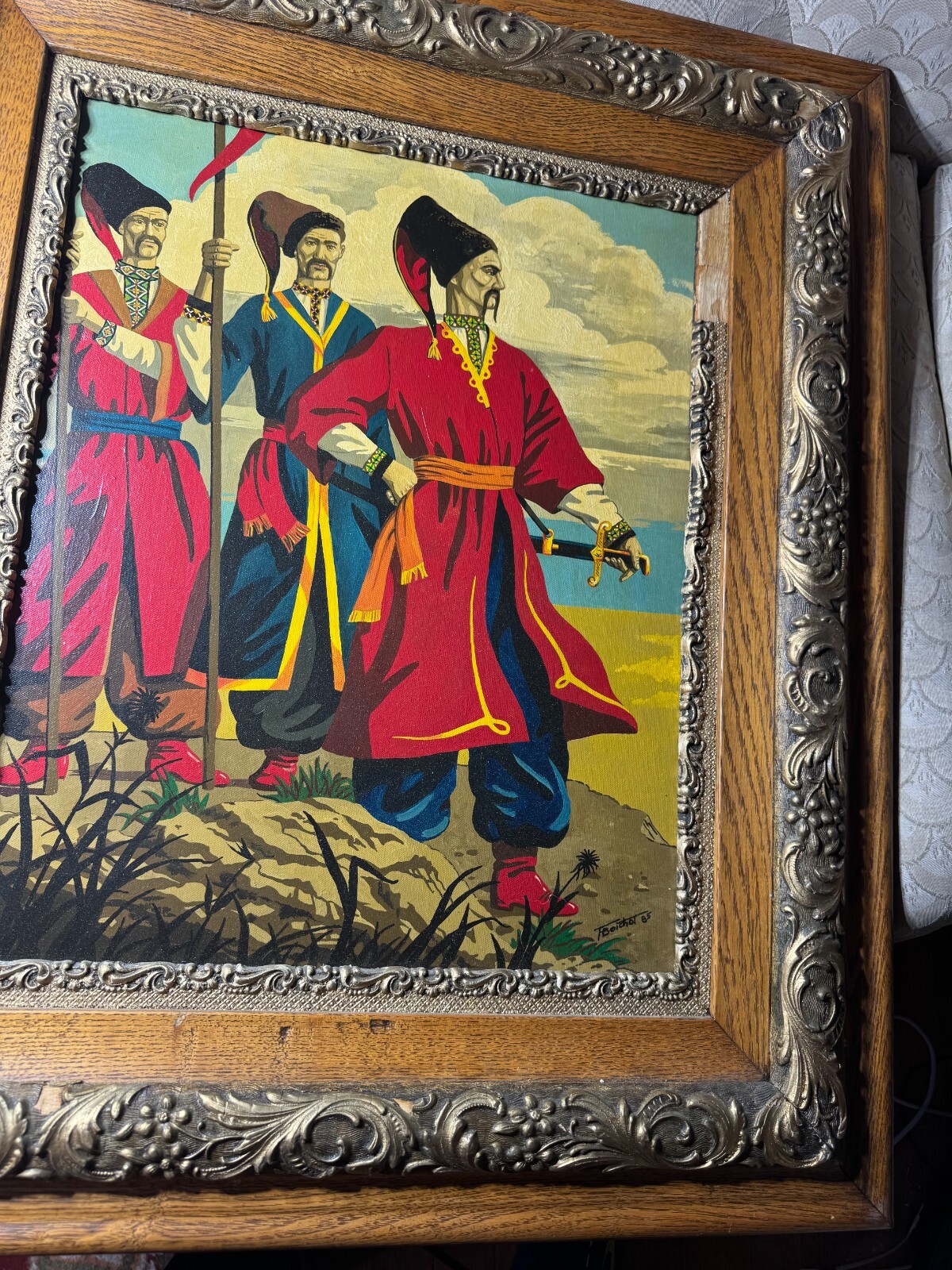 F Beichot? 1985 «Three Russian Men Scene» Oil Painting – Signed And Framed