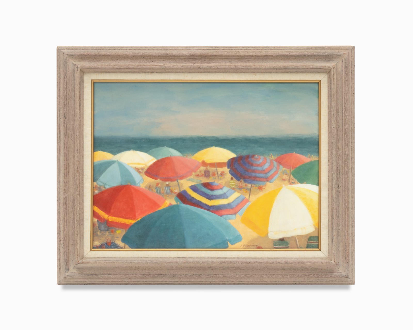Vintage Impressionist Beach Scene «Umbrellas» Oil Painting by Helen Carmichael