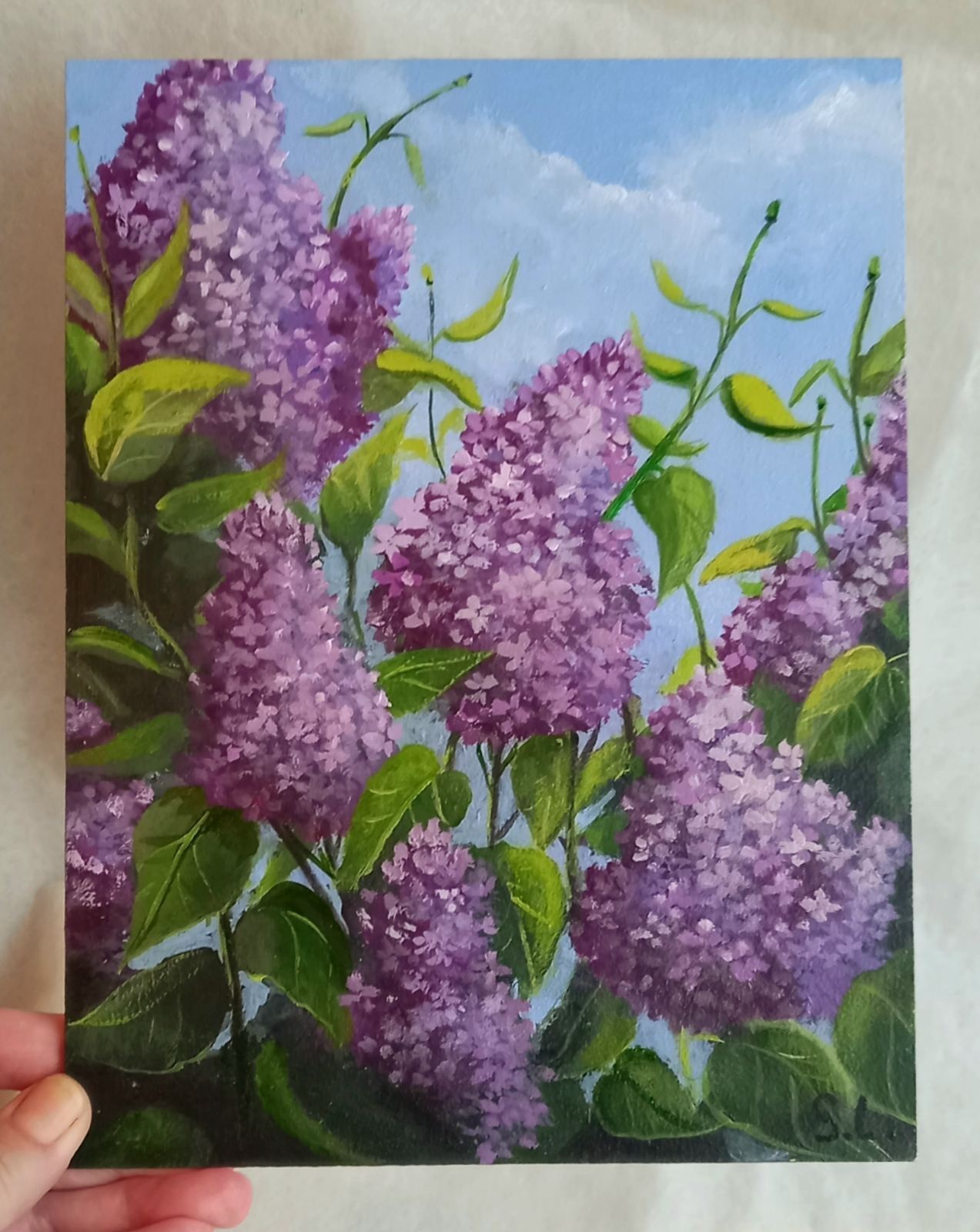 Original Acrylic Painting Landscape with Lilac Flowers Small Wall Art 7 x 9 in