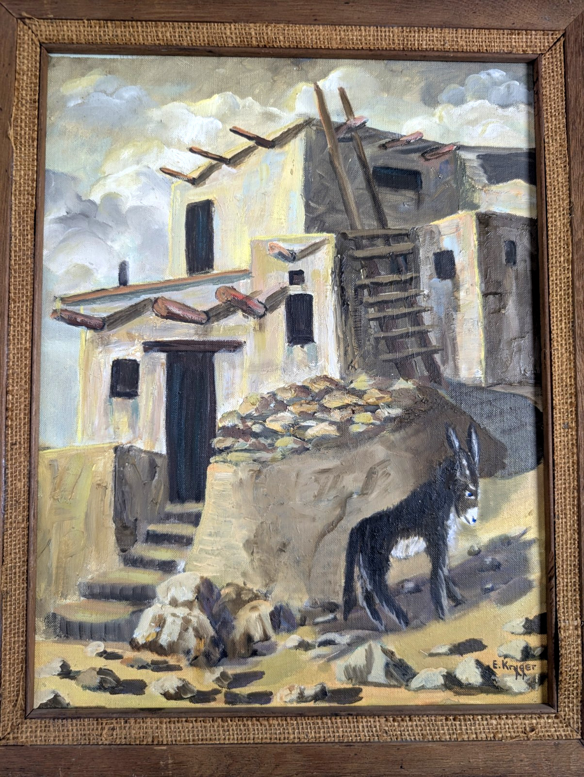 Vintage 1976 E Kryger Oil Painting Navajo Nation Pueblo Burro Framed 14×18.
