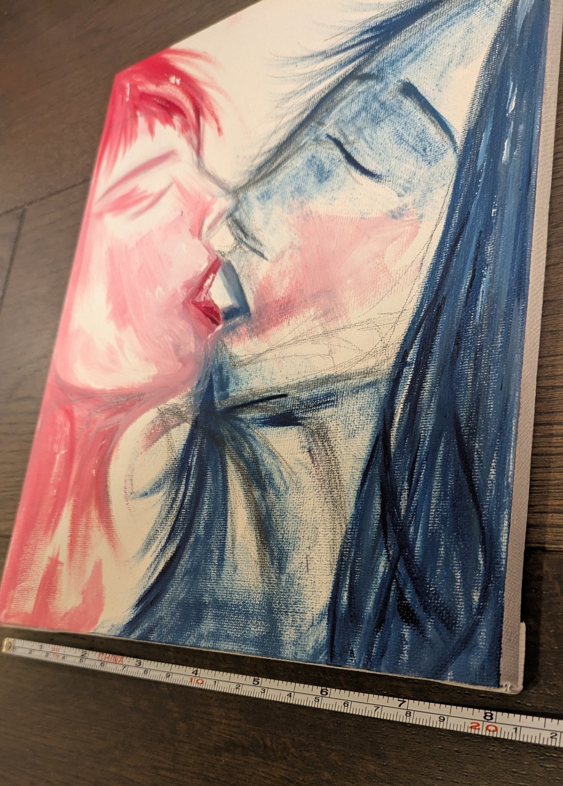 Original Gouache Canvas Painting, Red Blue Lesbian Handcrafted Art