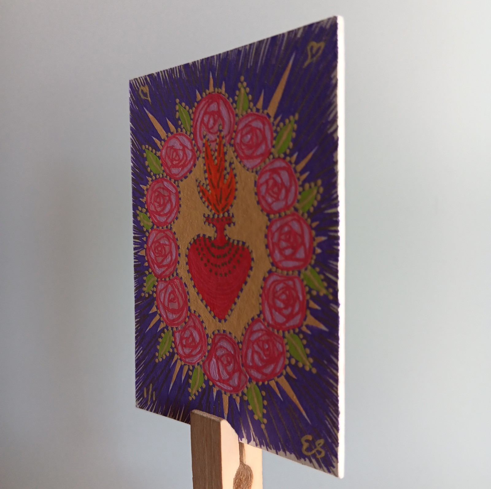 ❤️ACEO Original Painting Signed by Outsider Artist ES 2.5×3.5″ You are loved.