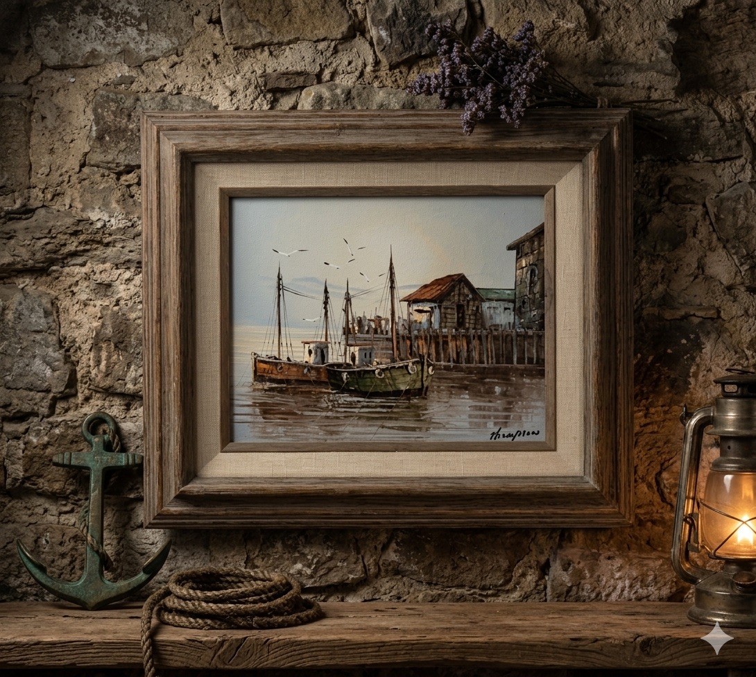 Vintage Framed/Matted Oil Paint Artist Thompson Fishing Boat/Dock