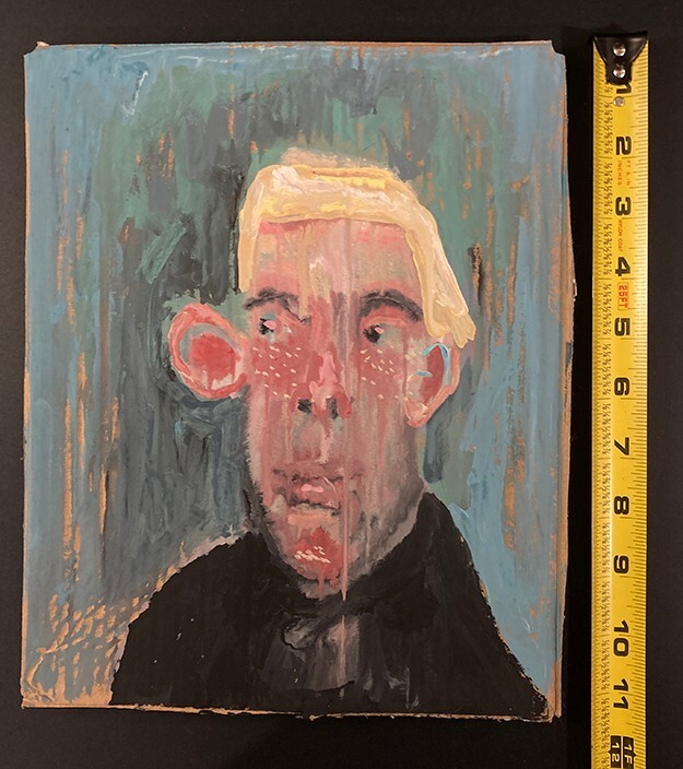 Original Outsider Art Man Naive Primitive Portrait Painting Cartoon Funny Green