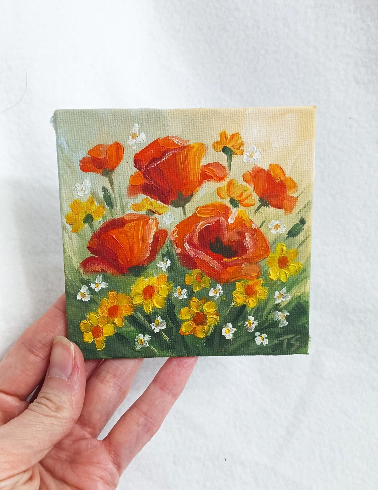 Wildflowers ORIGINAL Oil Painting Poppy Flowers Miniature Small Art 4″x4″