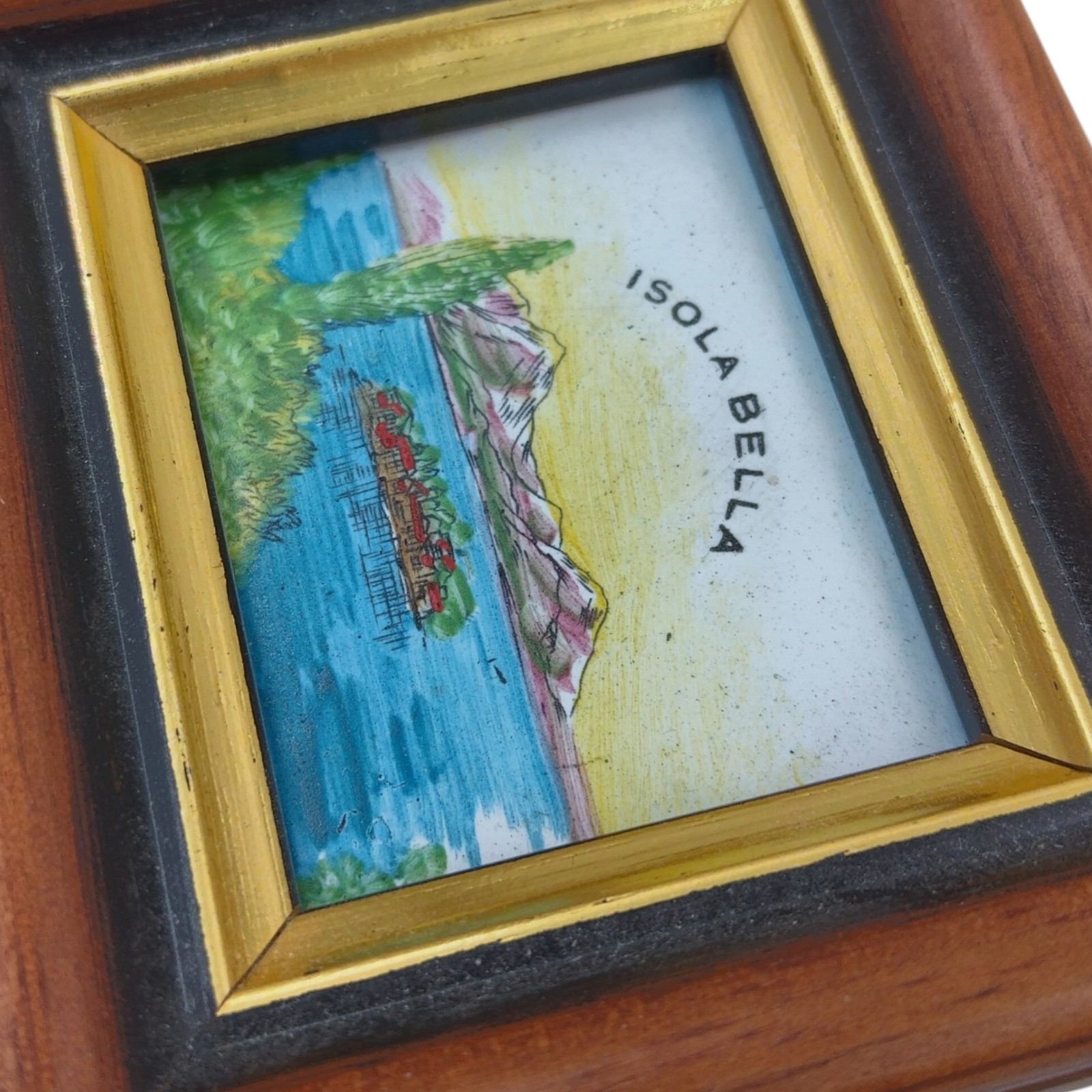 Vintage Original Enamel on Copper Framed Painting Isola Bella Landscape Ocean