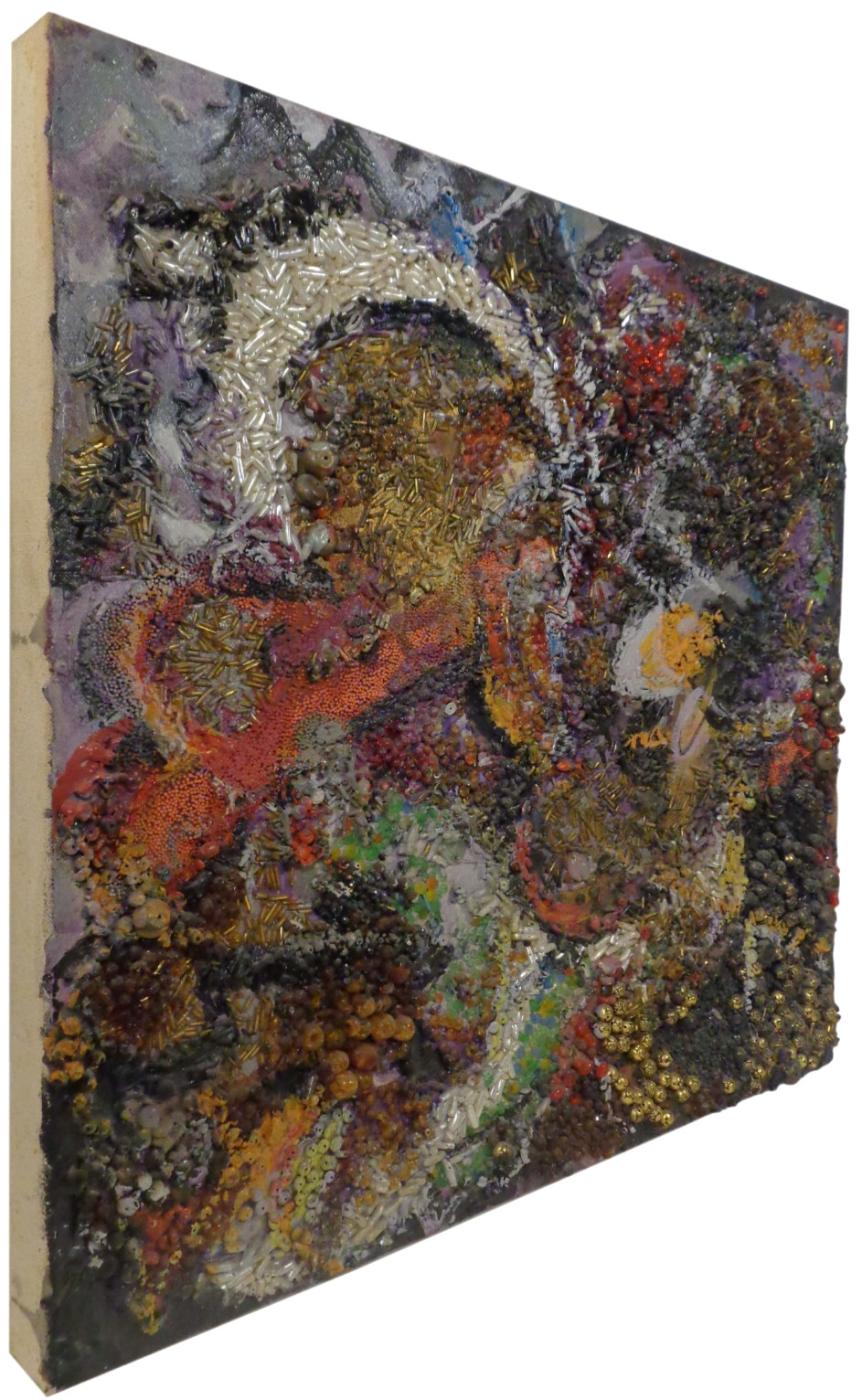 PADA, 1986 ‘DUST & SHADOW’ VINT SIGNED PAINTED/BEADED ABSTRACT COLLAGE on CANVAS