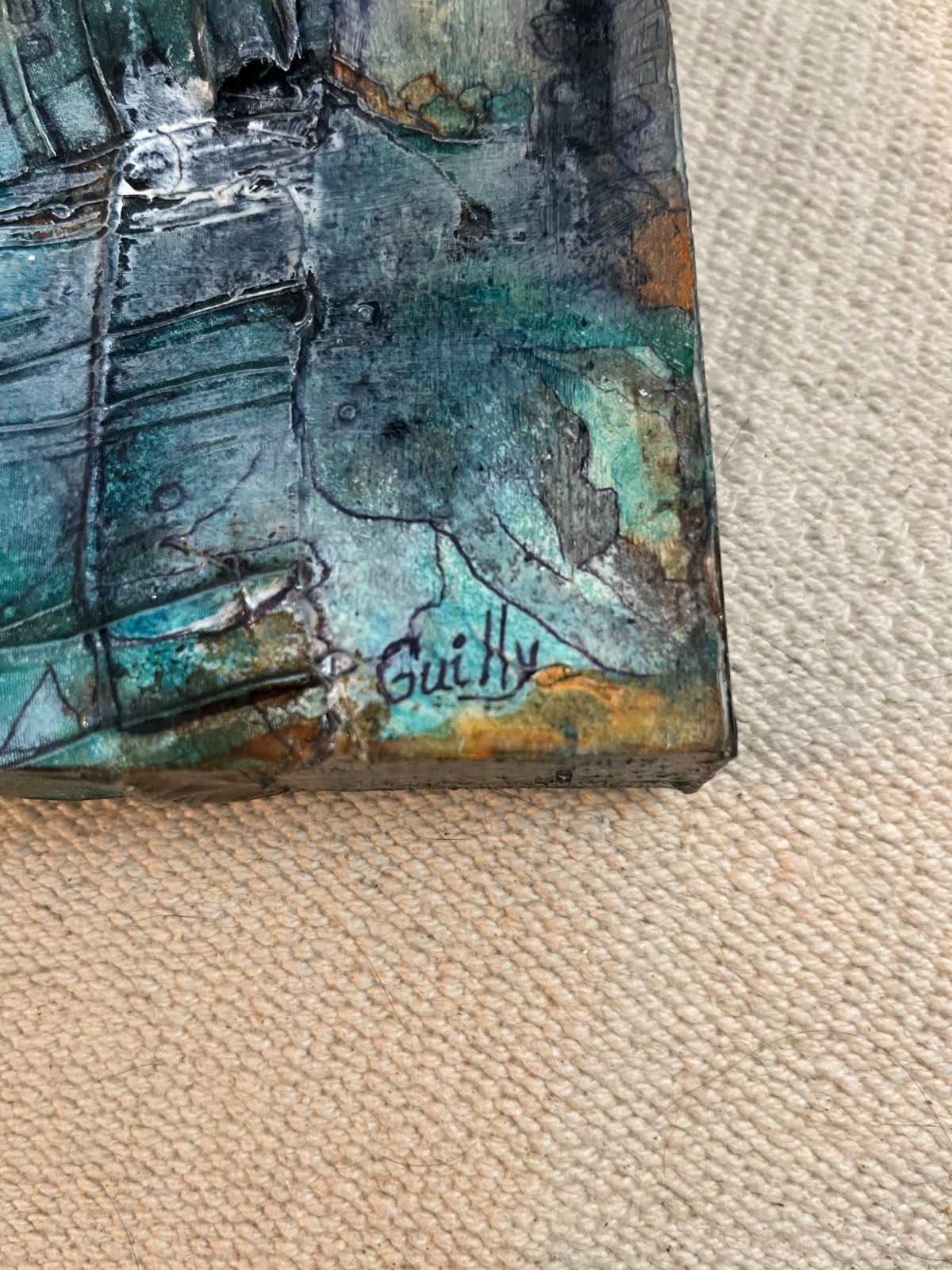 Signed “Guilly” Contemporary Mixed Media Abstract Painting Textural Urban Indust