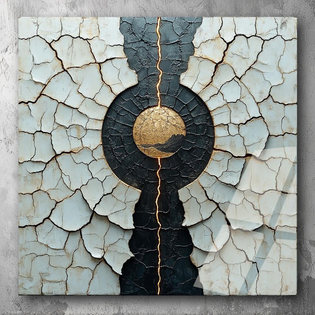 3D Painting Cracked Earth Gold Sphere Art UV Printed Acrylic Glass Decor