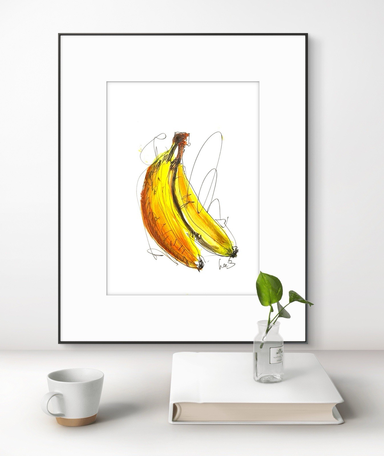 Original Abstract Expressionism 9X12 Two Bananas Paper Ink Handmade Signed 15