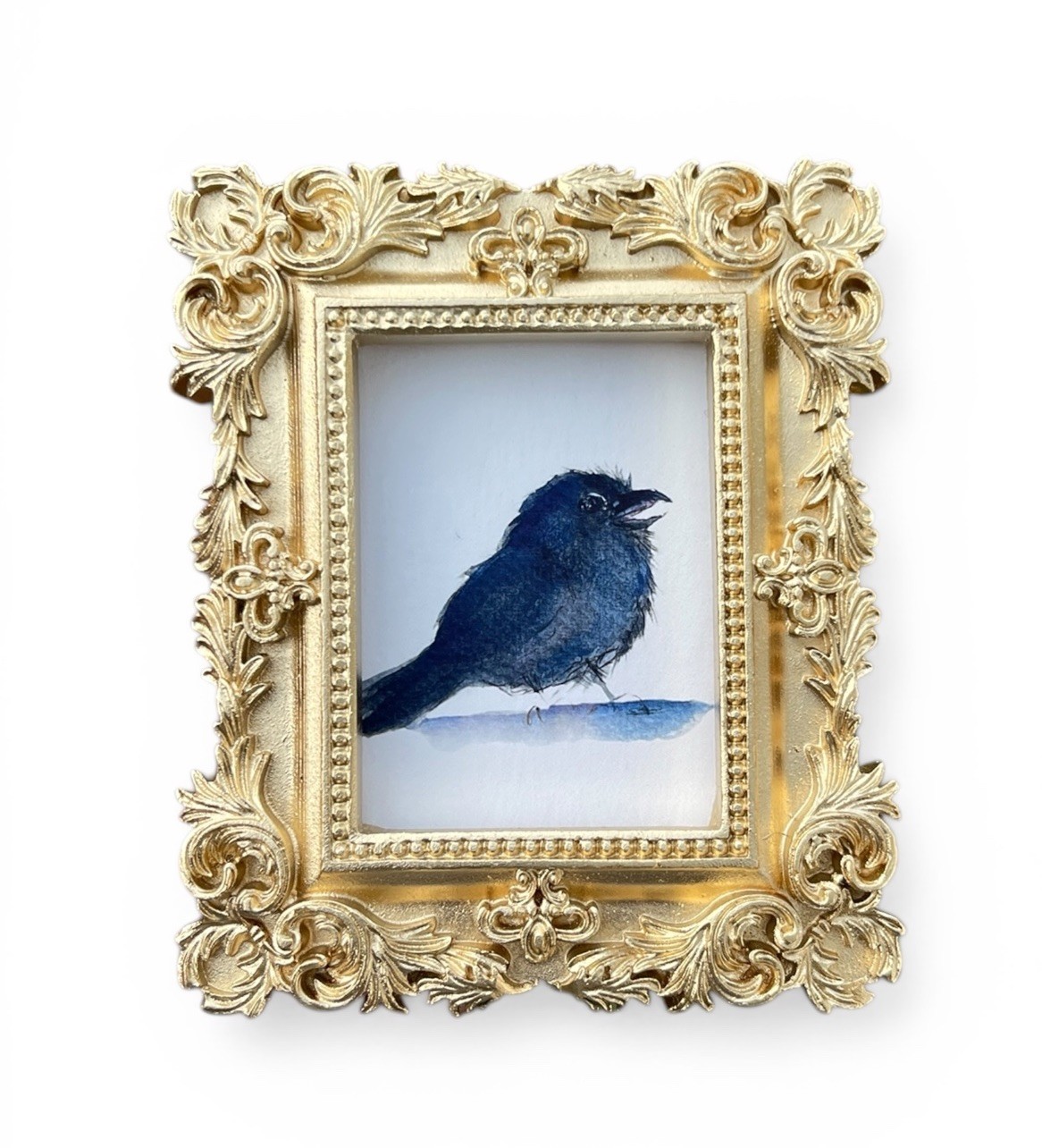 Baby Raven mini watercolor bird print of original painting •vintage ornate frame