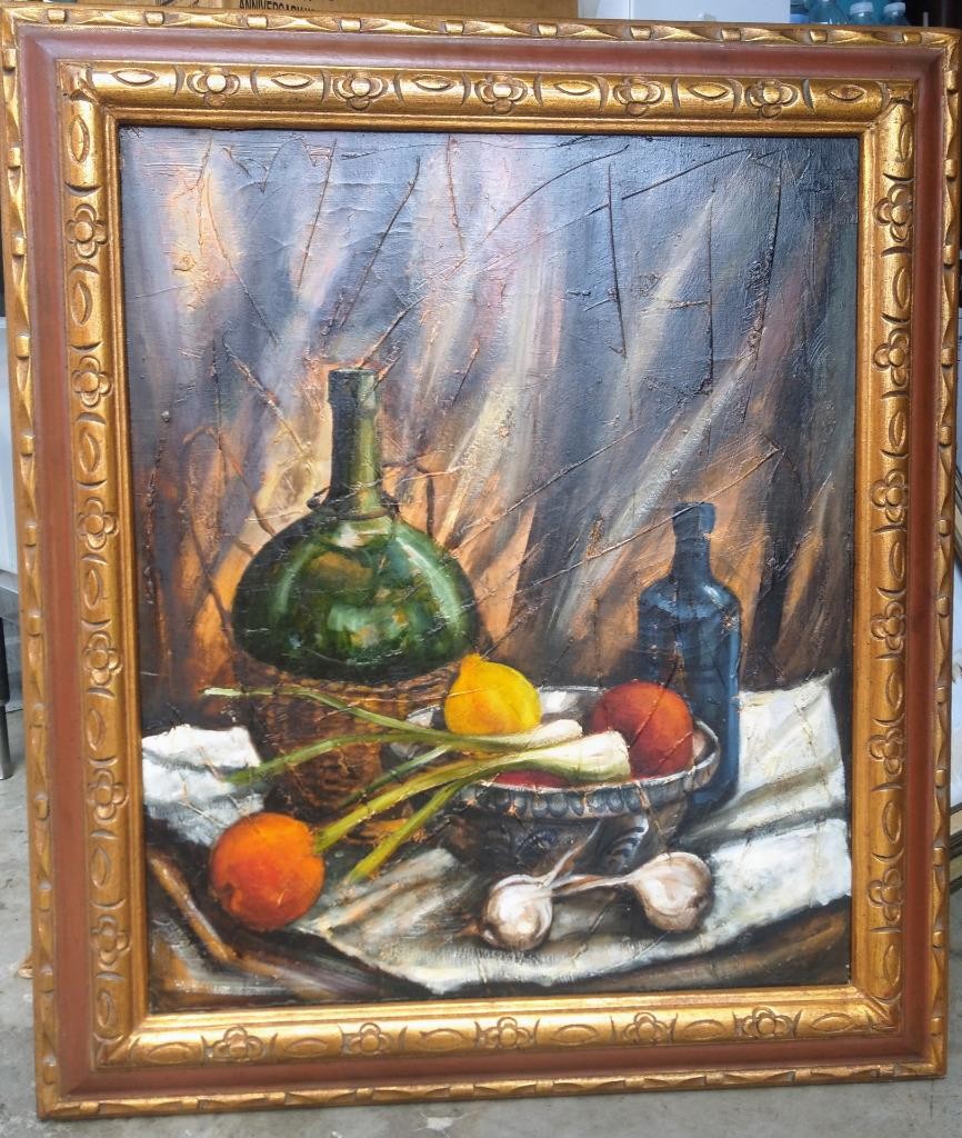 Vintage Still Life Fruit Vegetable Wine Oil Painting Carved Wood Picture Frame