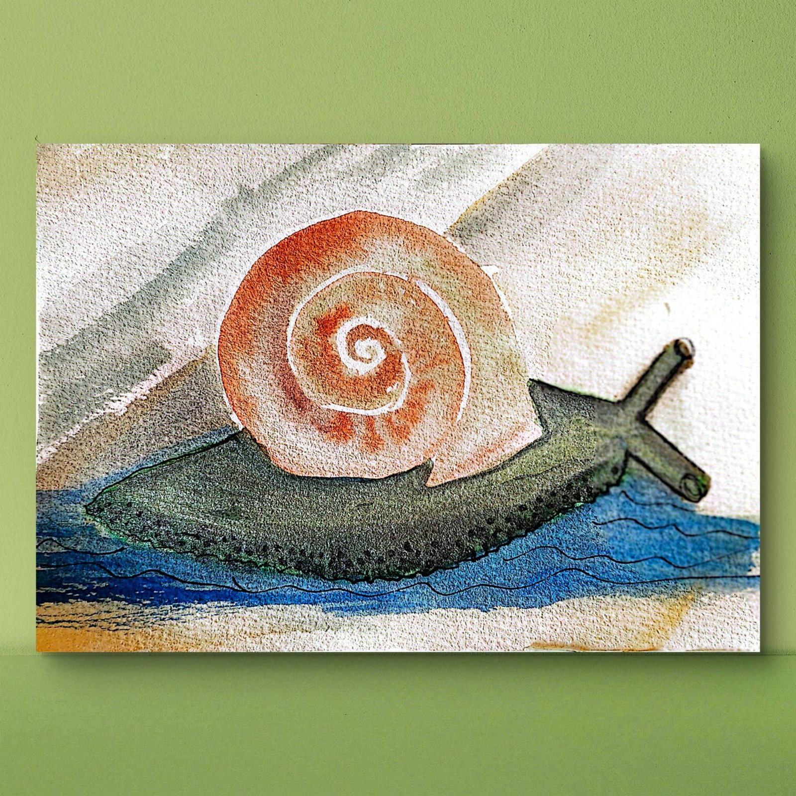 Garden Snail Whimsical Original Impressionist Watercolor 5×7 Signed
