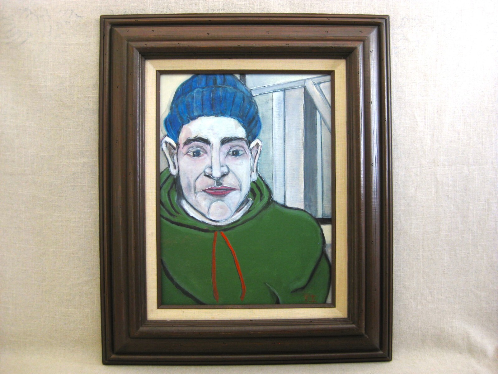 Original Male Portrait Painting of Man in Blue Hat Framed Fine Wall Art