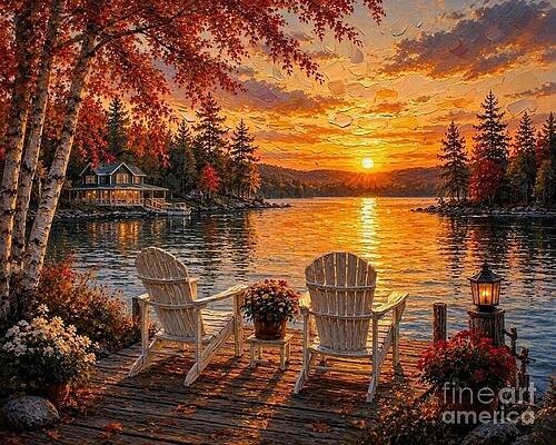 new hand made Painting on 18″x 24″ canvas Serene Lakeside Sunset View by Wendy