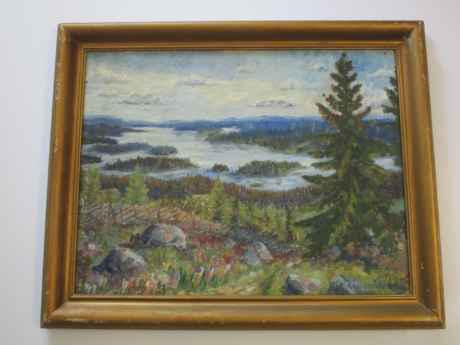 VINTAGE MOUNTAIN RANGE PAINTING IMPRESSIONISM ANTIQUE SIGNED HILL VIEW LAKE
