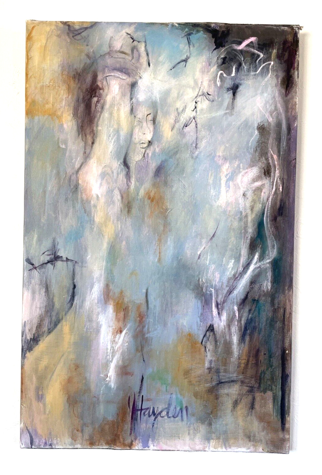 Vintage Figural Female Expressionist Abstract Painting 24×36″ signed Hayden