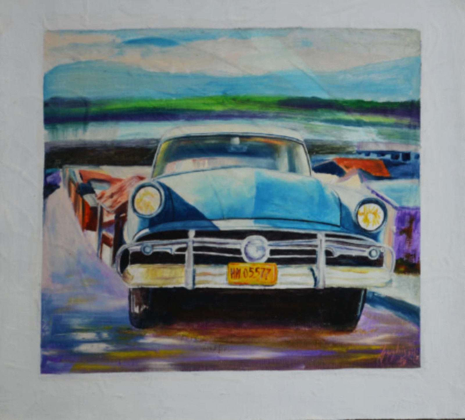 Cuban Art – Old Car in Blue by Yoandris Perez Batista 9 x 9.75