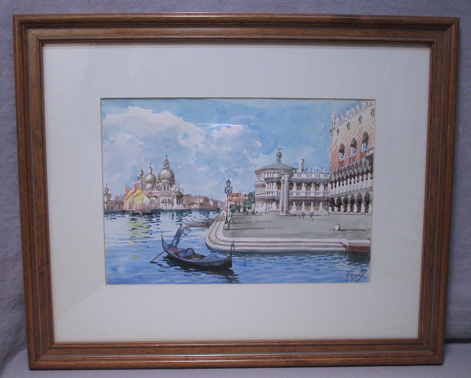 Vintage Watercolor Painting Venice Italy Doge’s Palace, Gondolas, Basilica
