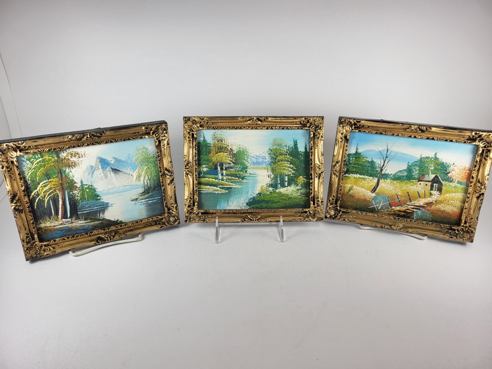 3 Vintage Framed Oil Paintings Nature Trees 8″ X 6″ Landscape, Mountain, Water