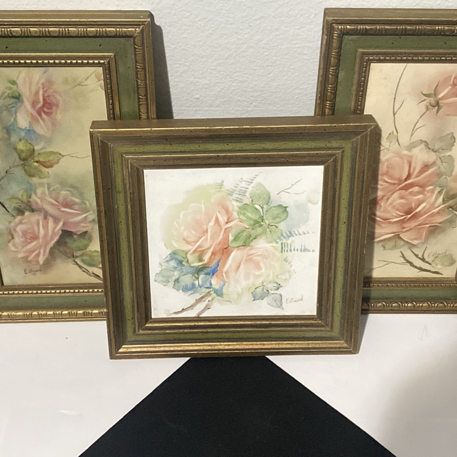 Signed Hand Painted Porcelain Tile Floral Plaque Framed Picture Wall Hanging