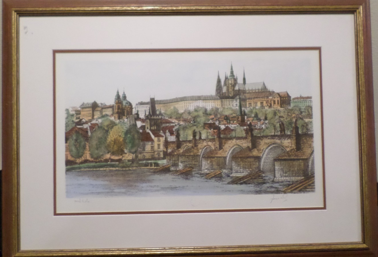 St Charles Bridge Etching Print Prague Hand Colored 29”X 20 3/4” Framed