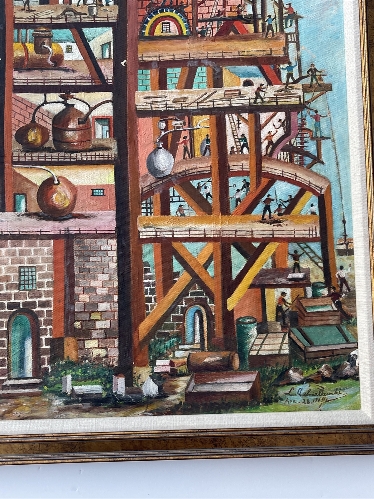 Vintage Industrial Painting Construction Workers Factory Urban Modernism Listed