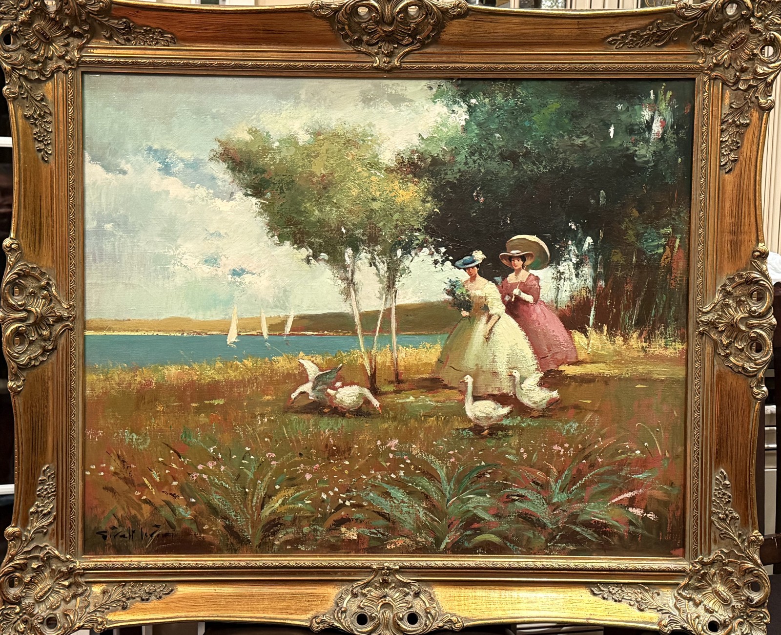 Joan Giralt Lerin (Spain/USA), VTG Mid-20th C O/C «Ladies On Promenade», Signed!