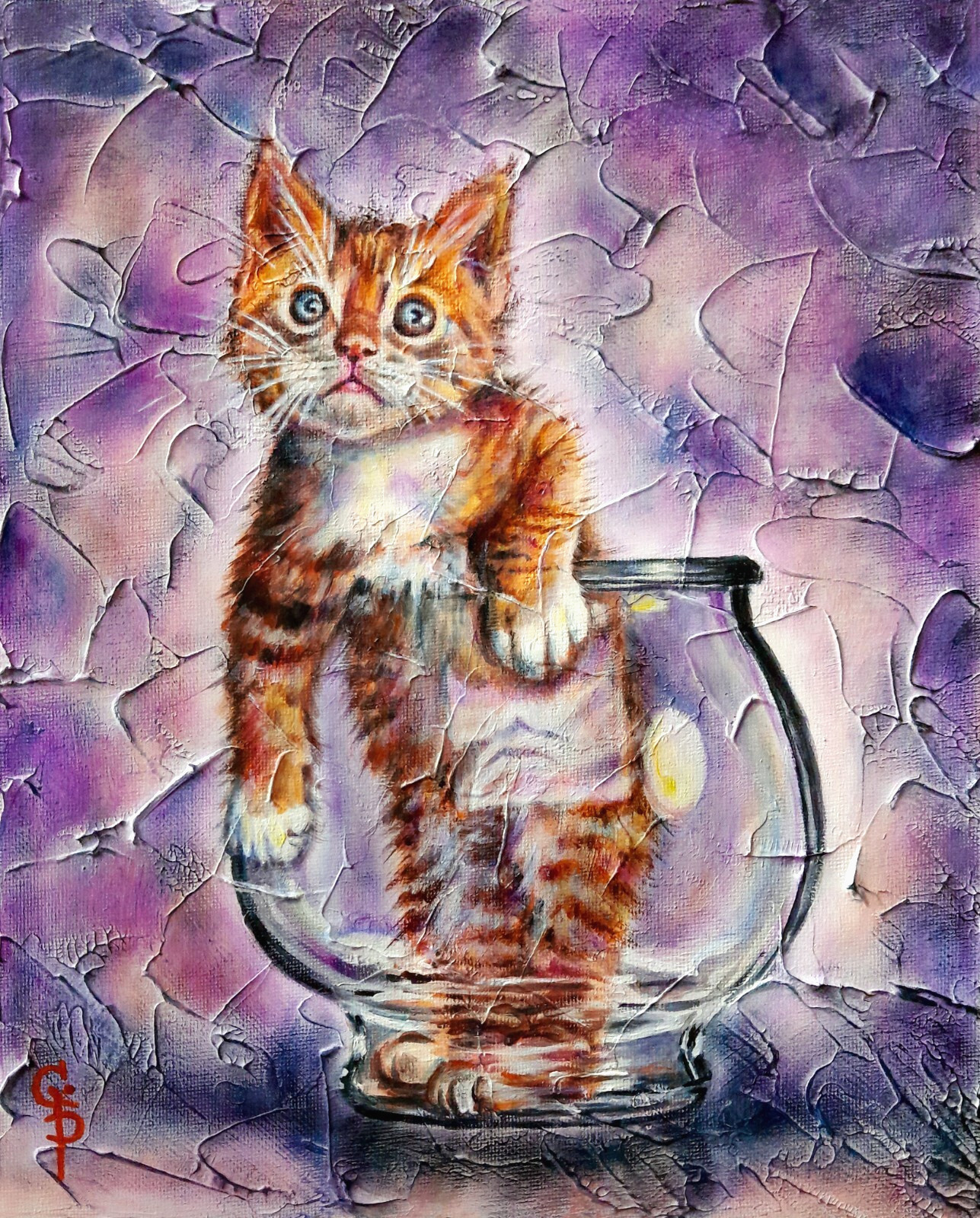 Cat Painting Orange Kitty Tabby Portrait Purple Original Collectible Art