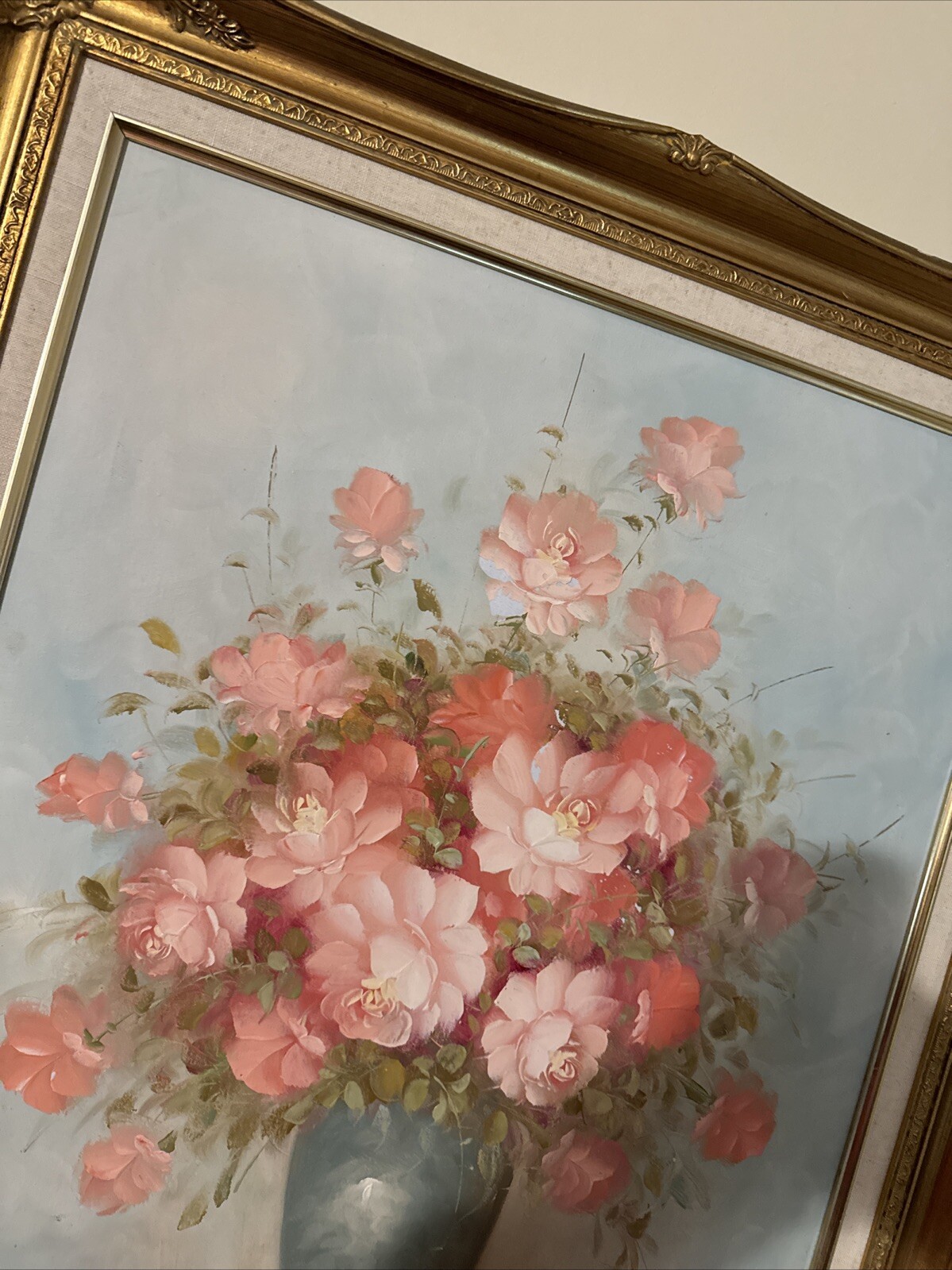 29”x25.5” Framed And Matted Oil On Canvas Still Life botanical (Pink Rose)