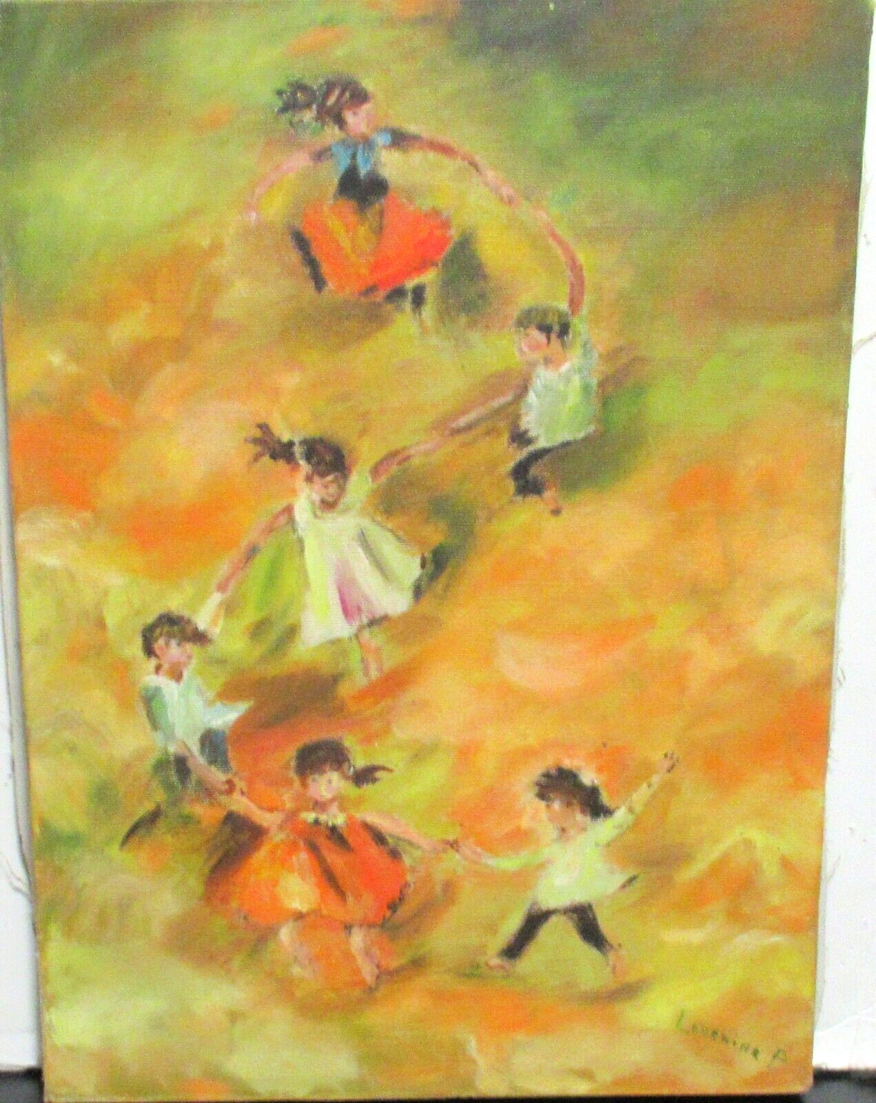 LORRAINE P. CHILDREN PLAYING IN A FIELD ORIGINAL OIL ON CANVAS PAINTING UNFRAMED