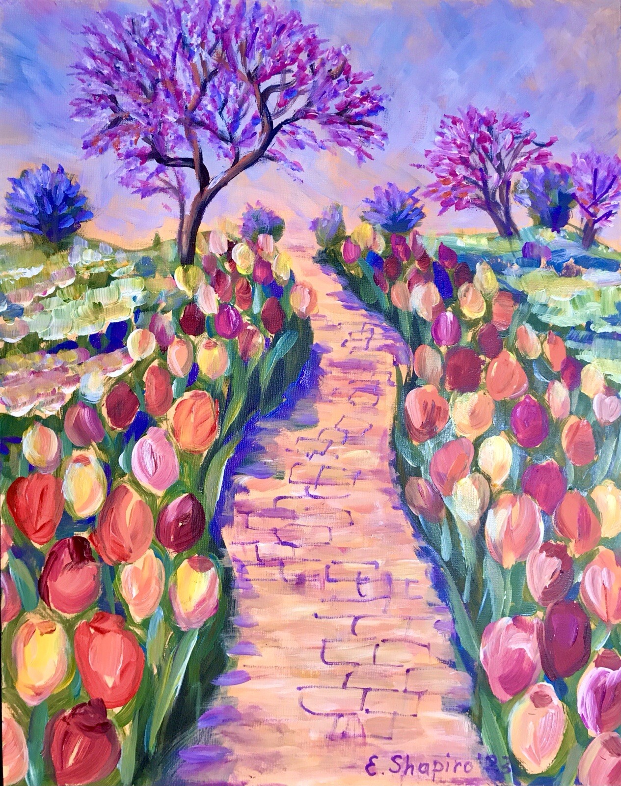Acrylic Painting Tulip Flower Garden Landscape. Colorful Wall Art 11×14