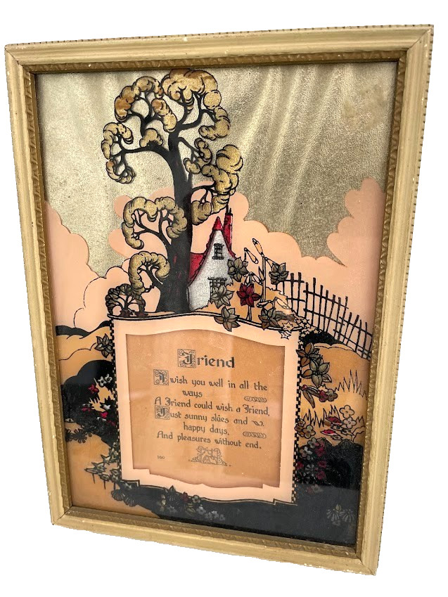 FRIEND – POEM – VINTAGE ART – Reverse Painted Glass – BUZZA MOTTO STYLE FRAMED
