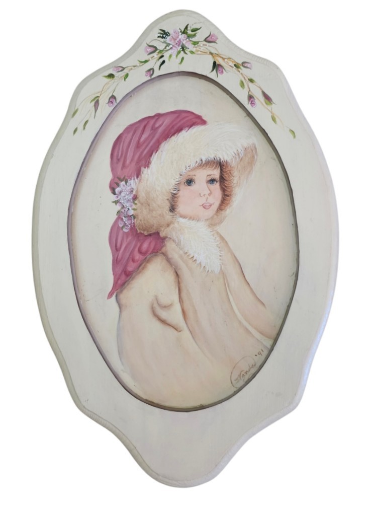 Hand Painted and Signed Girl In Winter Coat In Oval Frame 16″ x 10.5″ Vintage