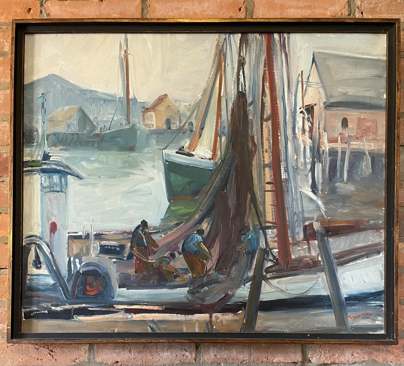 Regina Gates Signed Mid Century Modern Painting «At Work on the Nets» 32″ x 26″