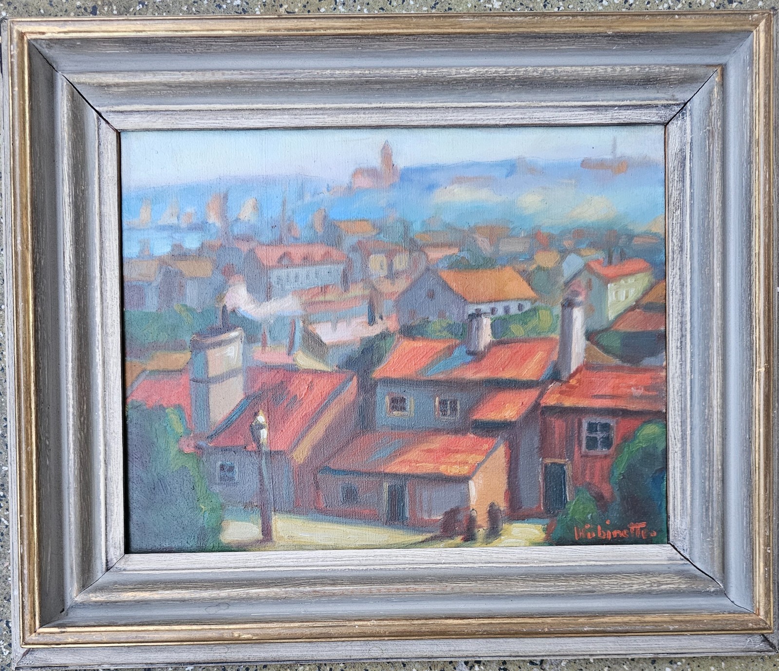 SCANDINAVIAN CITYSCAPE OIL PAINTING EVA HÜBINETTE NORDIC MODERNIST ART ROOFTOPS