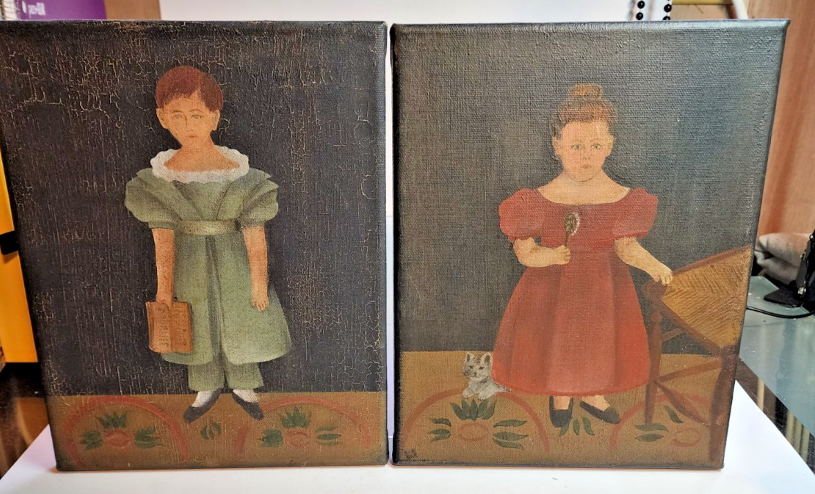 Folk Art Oil on Canvas Girl in Red Dress & Boy with Book Pair 8″ X 10″ Each