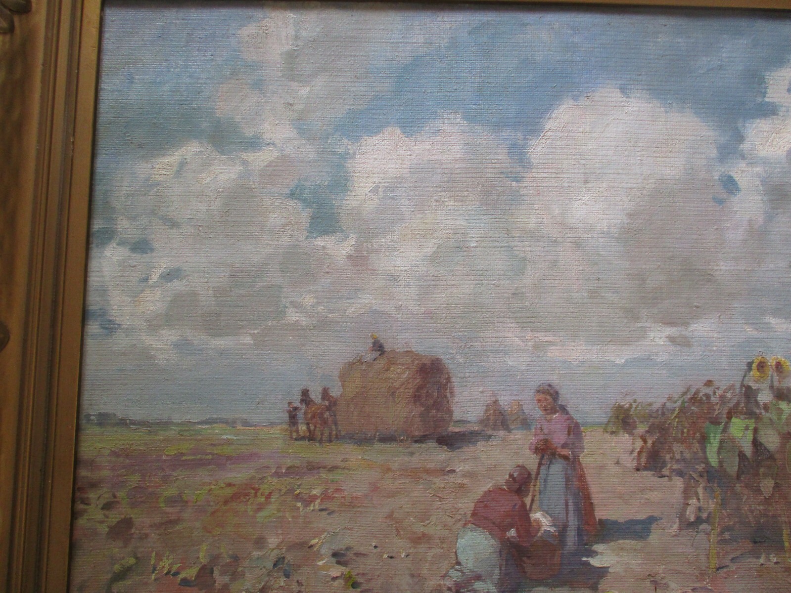 LARGE VINTAGE ANTIQUE IMPRESSIONIST PAINTING LANDSCAPE OLD FARM WORKERS WPA ERA