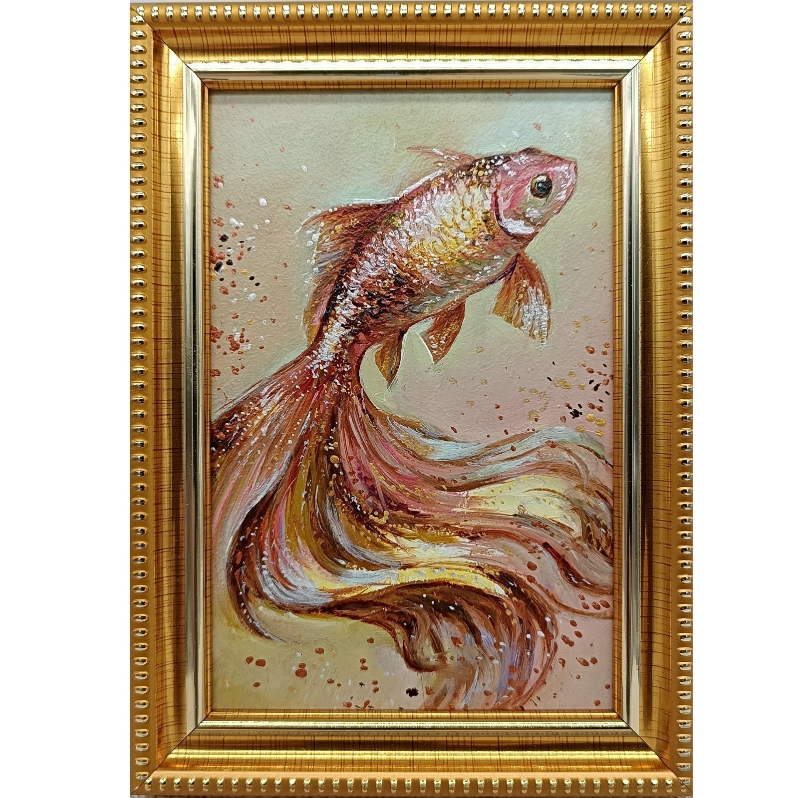 Original Animal Painting Signed 4×6 Gold Beaded Frame Shimmering Goldfish Koi