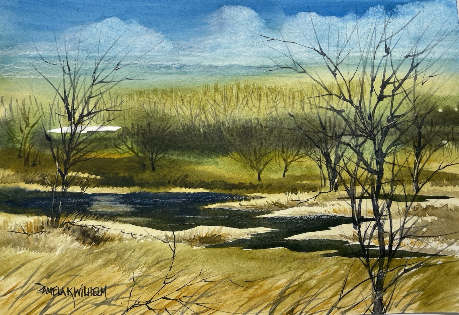 Pamela Wilhelm original 6×8” Watercolor Spring Orchard Comes Alive Sandbar Creek