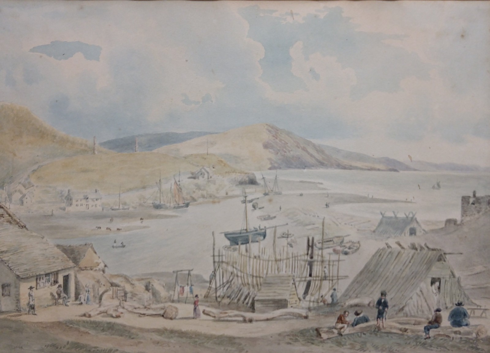 Watercolor Painting – Fishing Harbor Scene – 19th century New England School