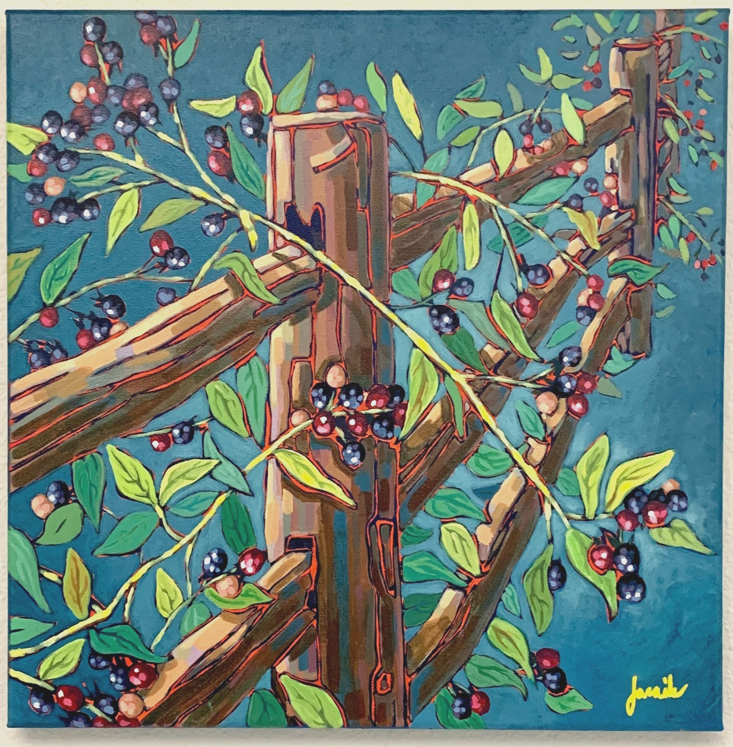 Blackberry Vines on Rustic Fence – 14×14 Original Acrylic Painting